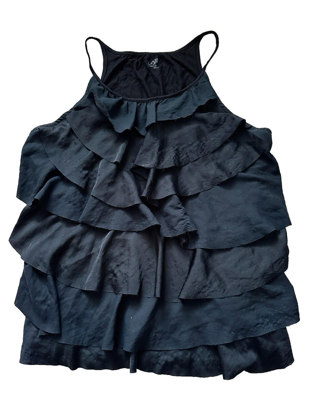 Ann Taylor Loft Petite Black Tiered Ruffle Sleeveless Knit Top Blouse Halter LP
